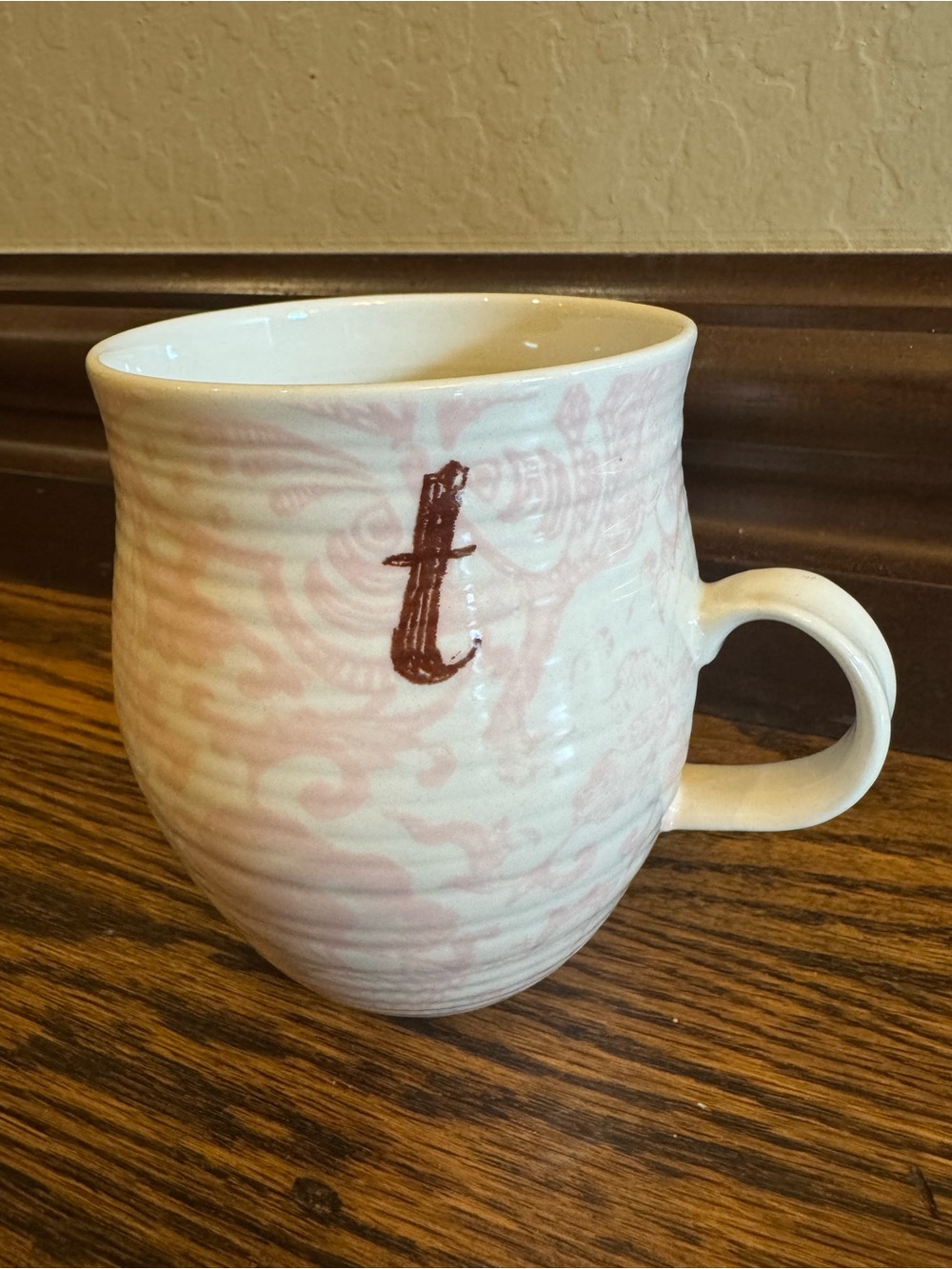 Anthropologie Heirloom Monogram “t” Pale Pink Swirl Ceramic Mug Brown